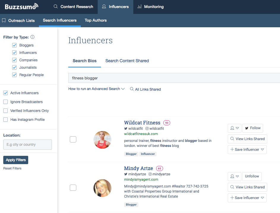 buzzsumo printscreen influencer marketing