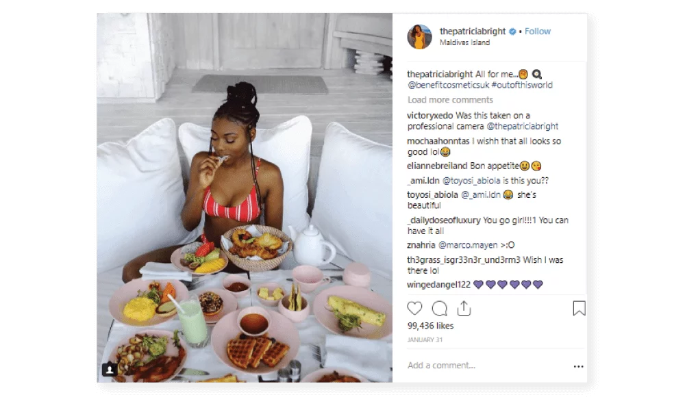 Picture of Patricia Bright Big Instagram Influencer Eating in a Fancy Room with big Pillows
