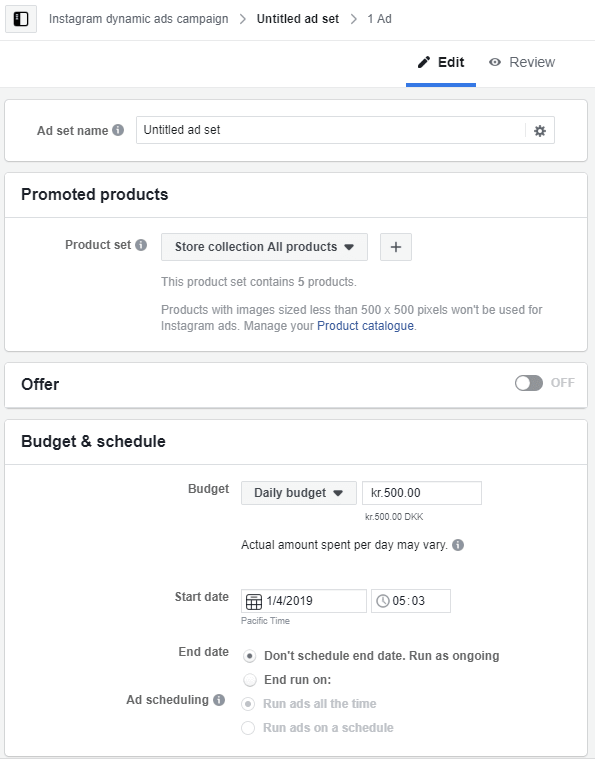 promoted products facebook ads manager instagram dynamic ads