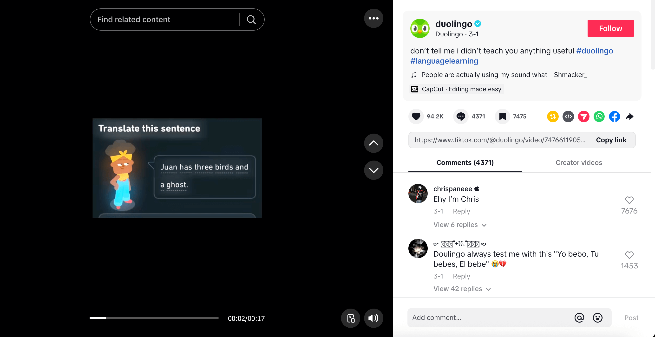 Duolingo TikTok showing funny language prompt with high likes and comments.