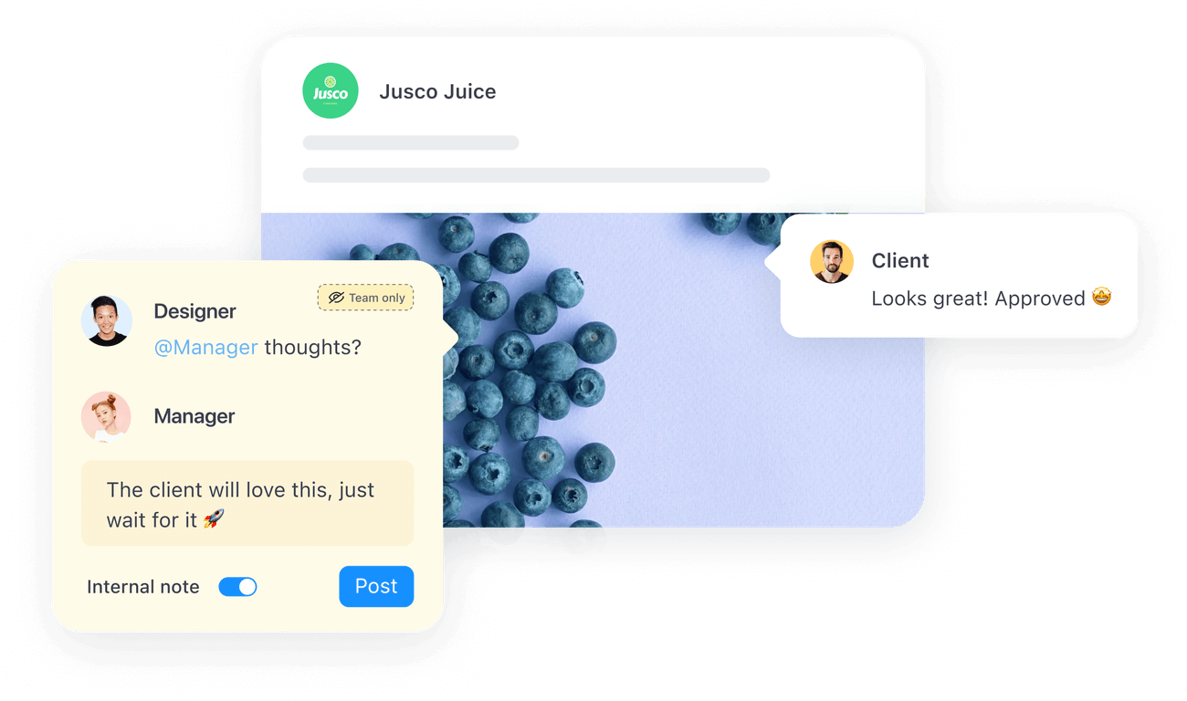 Team feedback in Planable showing internal notes and client comment approving a post.