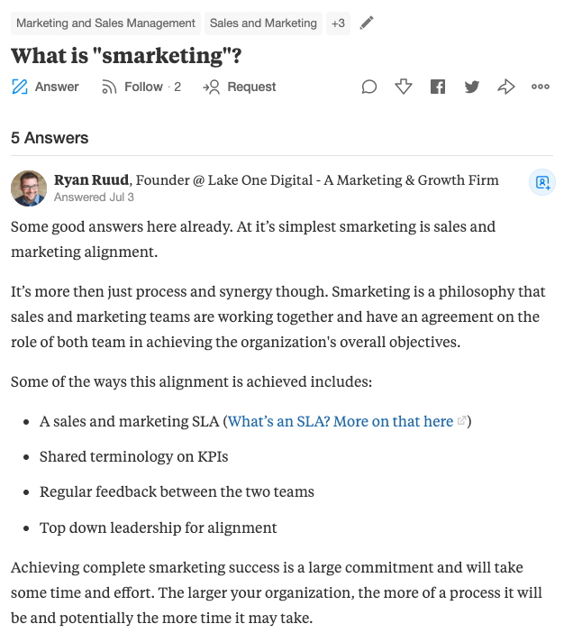 what is smarketing answered on quora by ryan ruud, founder of lake one digital - a marketing & grow firm