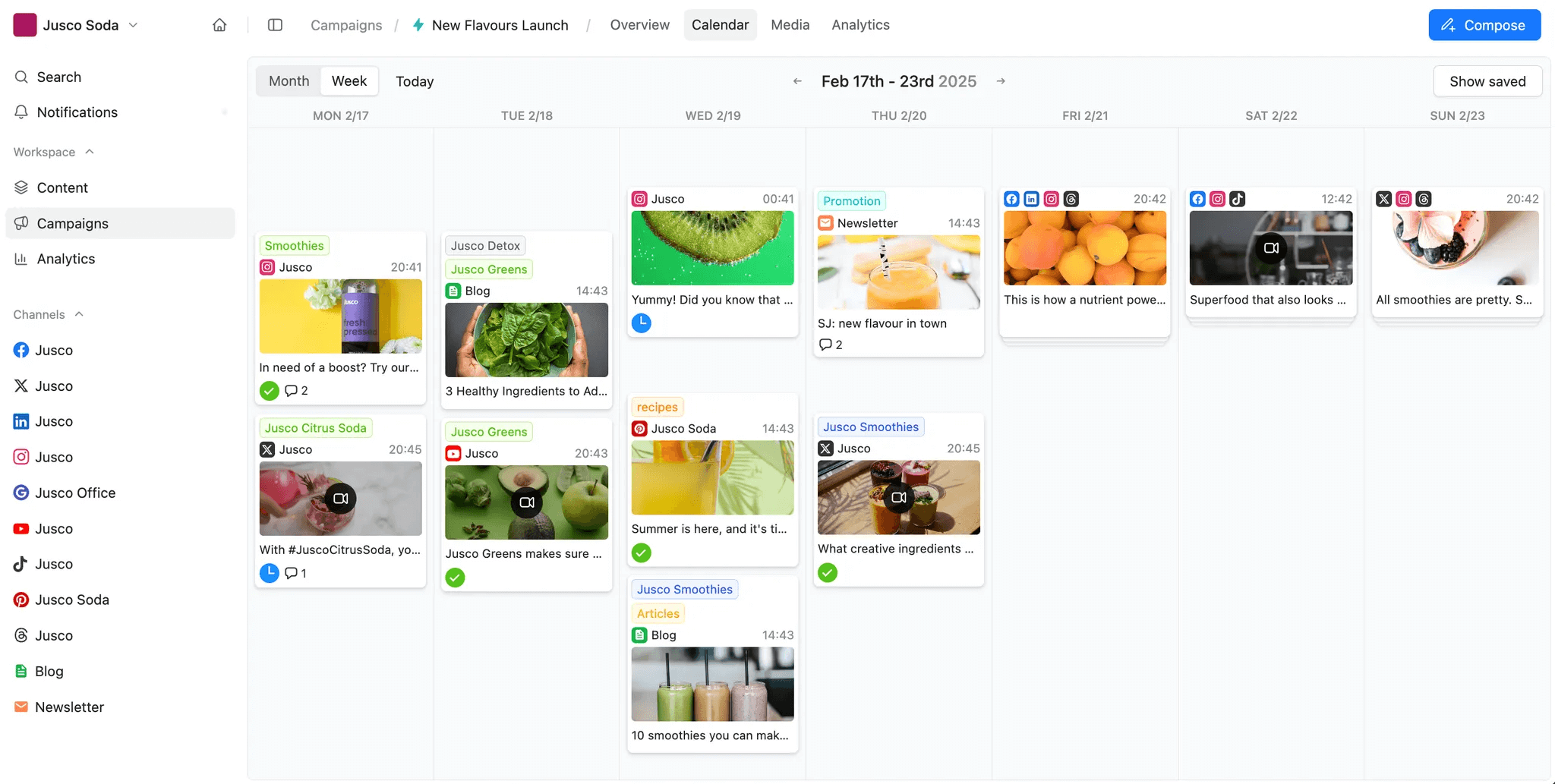 Social media content calendar in Planable with campaign posts scheduled across platforms.