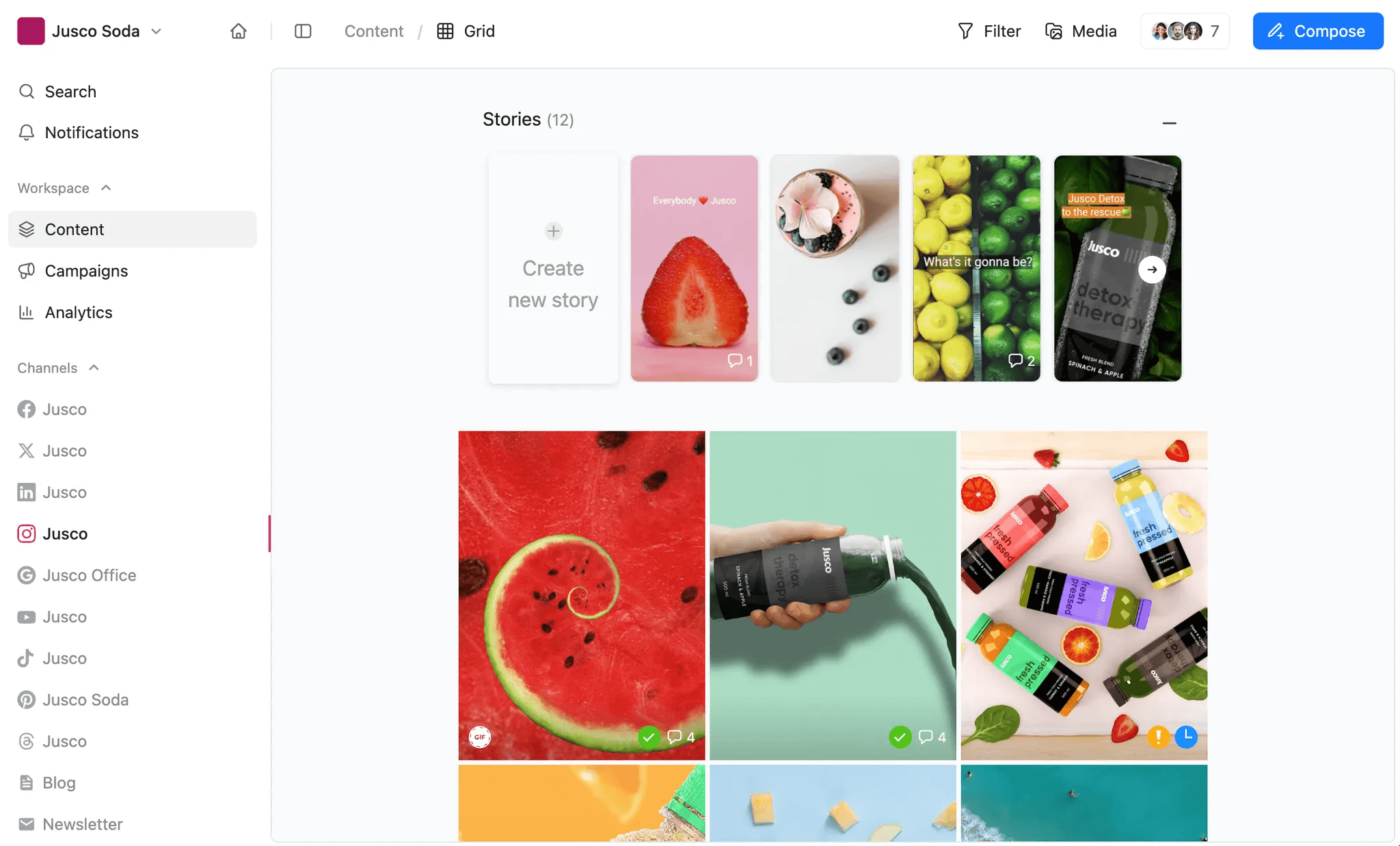 Instagram grid view in Planable showing product photos, stories, and vibrant smoothie visuals.