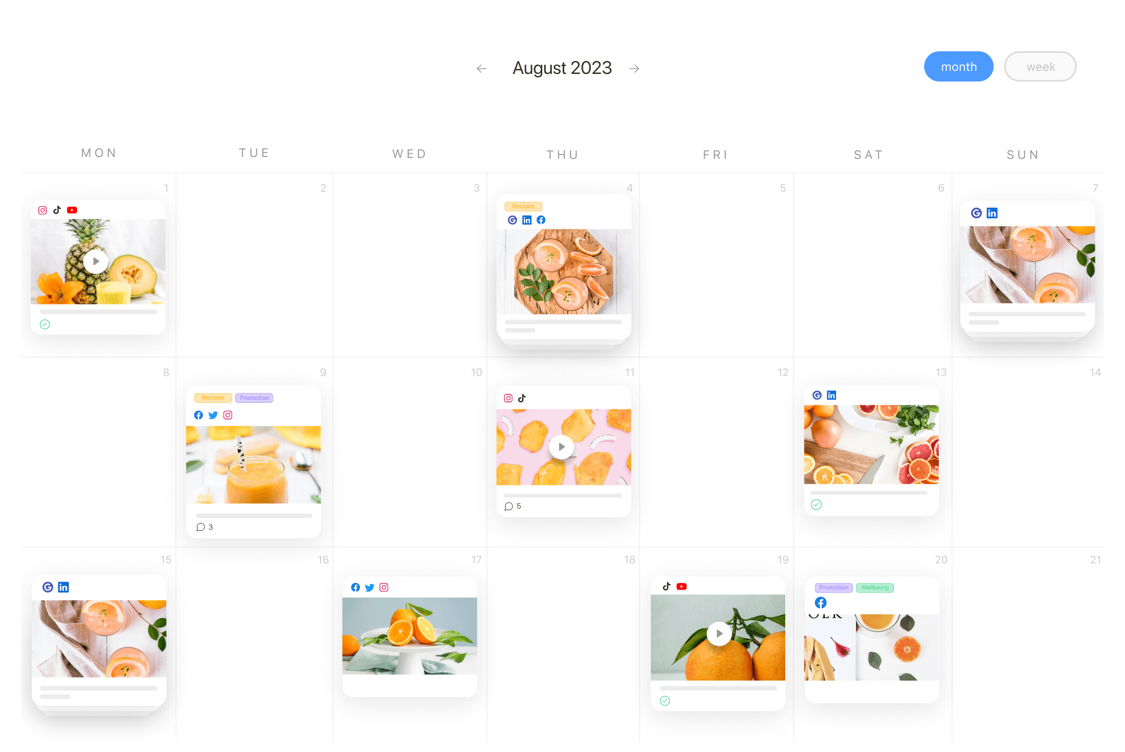 Social media calendar for August's posts in Planable