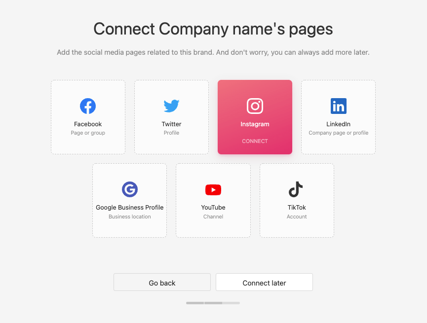 Planable's dashboard with selector for 7 social media platforms: Facebook, Twitter, Instagram, LinkedIn, Google My Business, YouTube and TikTok