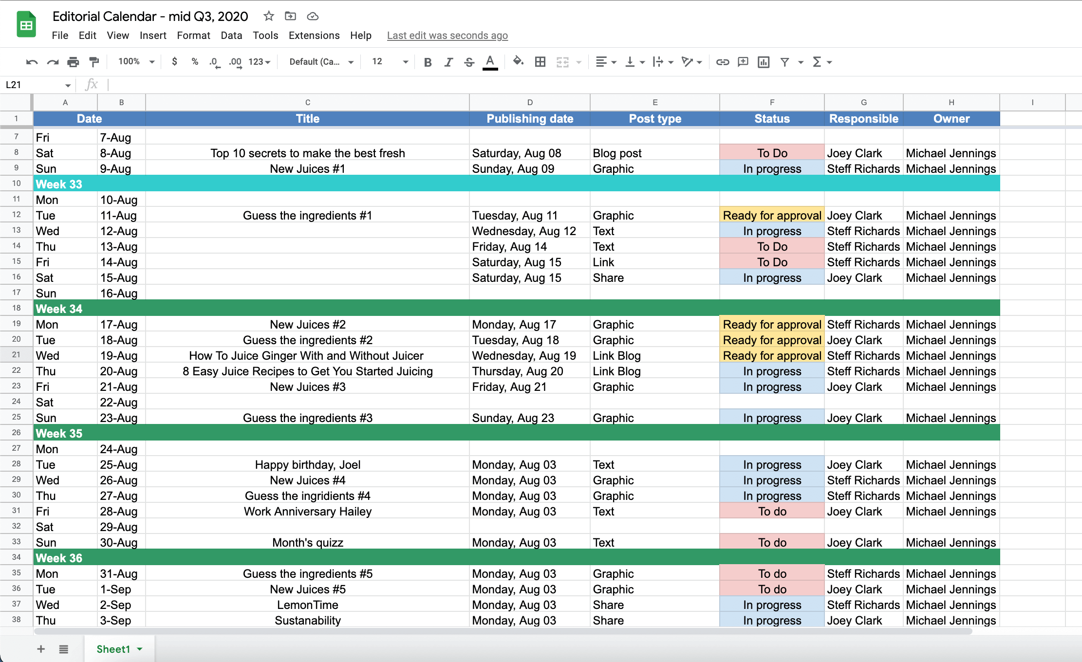 spreadsheet containing a social media calendar broken down by weeks and including the publishing date, post type, status and owner