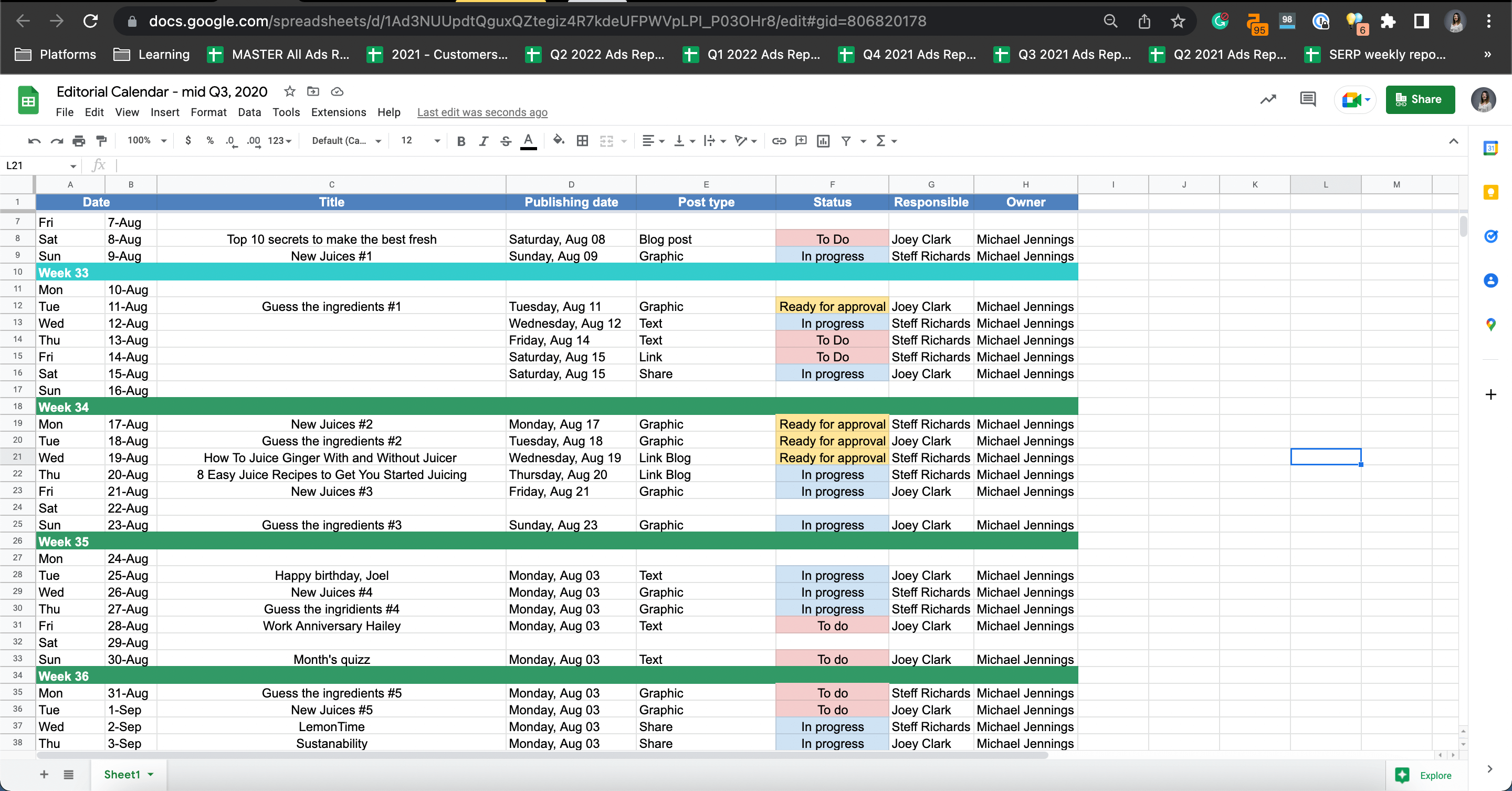 spreadsheet containing a social media calendar broken down by weeks and including the publishing date, post type, status and owner