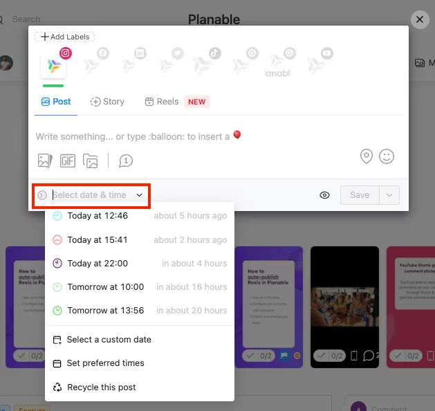 Select date and time to schedule an Instagram Reel ahead of time in Planable