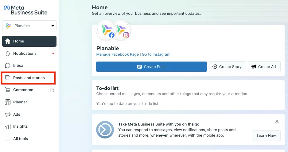 finding Posts and stories in the Meta Business Suite interface