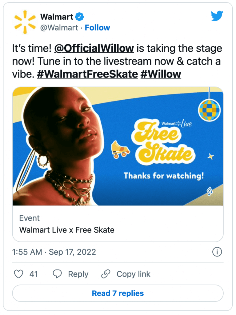 Walmart announcing a live video with Willow Smith on Twitter