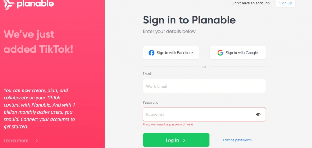 Web sign up page for Planable App