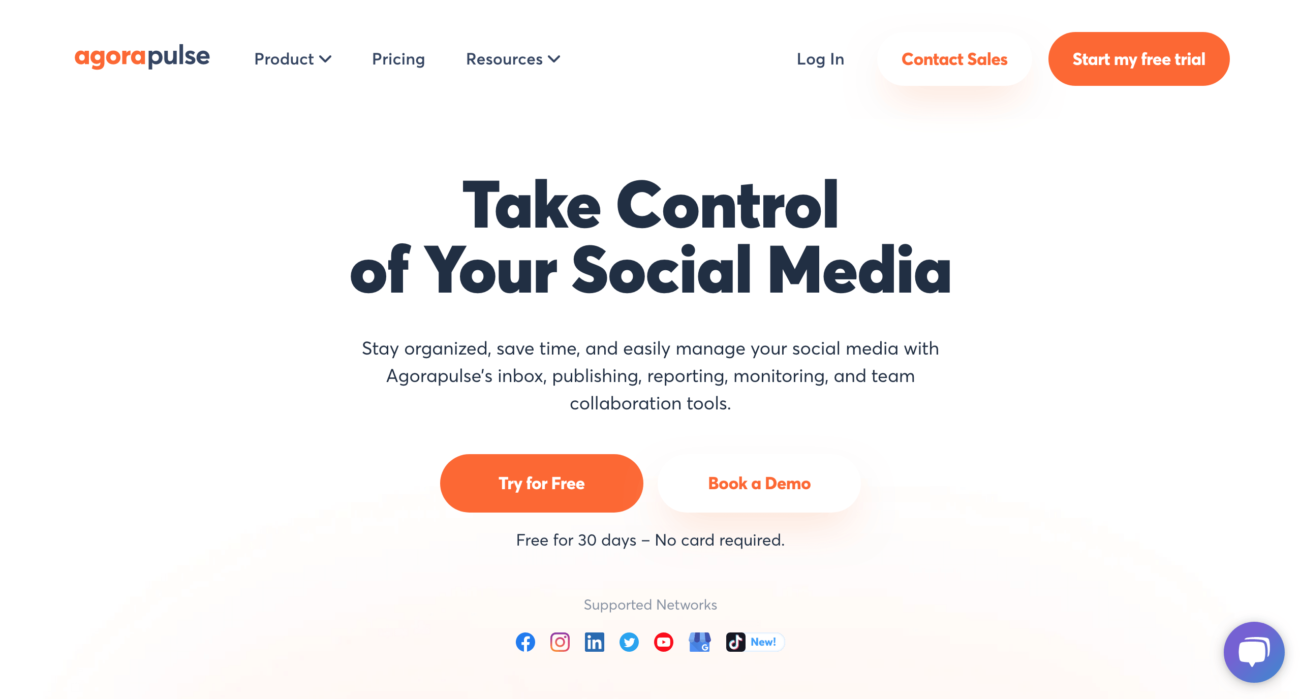Agorapulse homepage, a Social media management tool that allows to schedule posts and gather audience insights