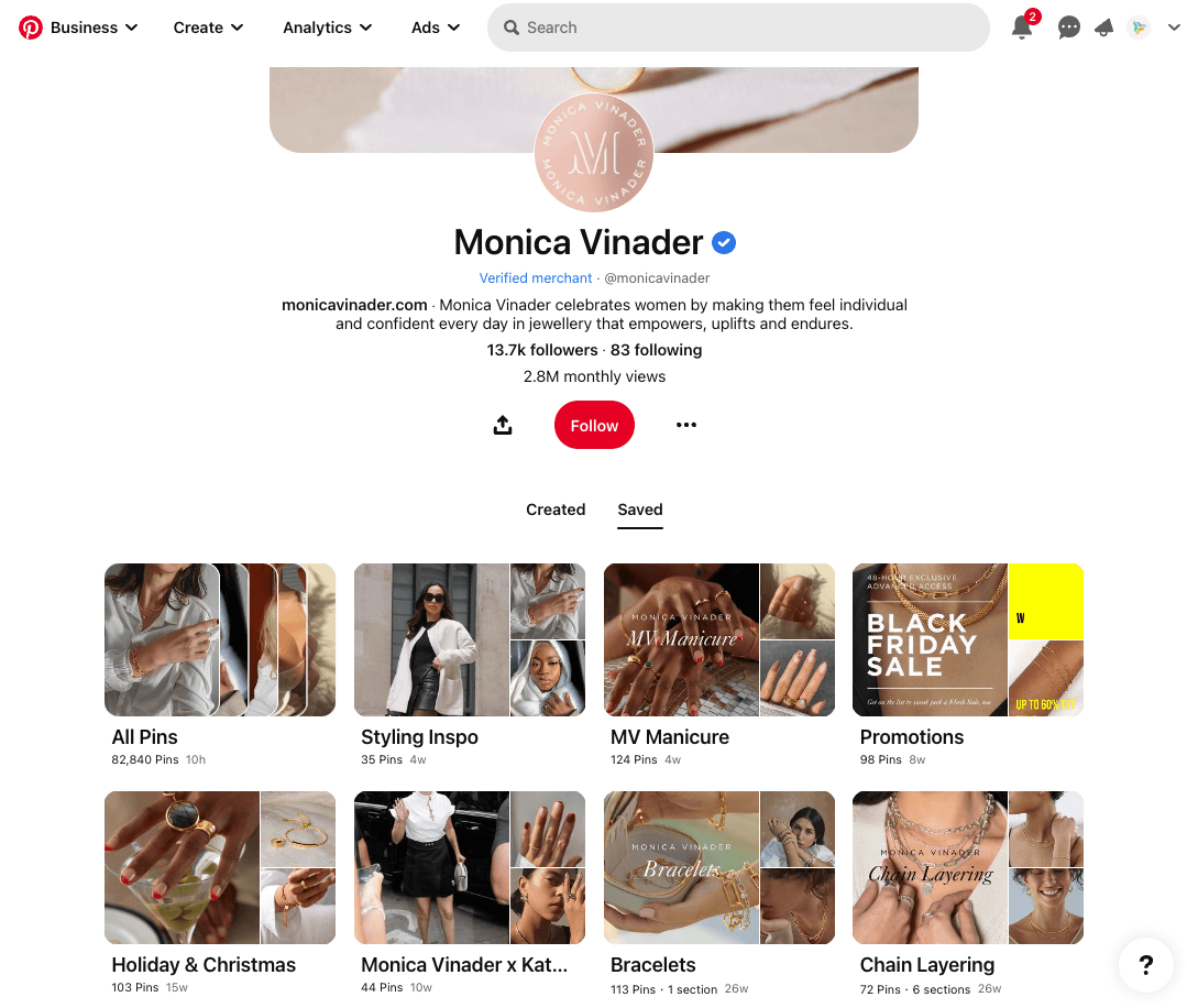 How To Sell On Pinterest In 2024 Beginner S Guide Planable   Monica Vinader Pinterest Profile 