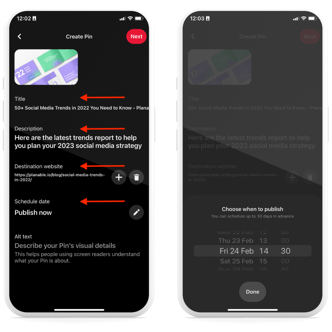 scheduling a pinterest post in the pinterest composer on android and ios