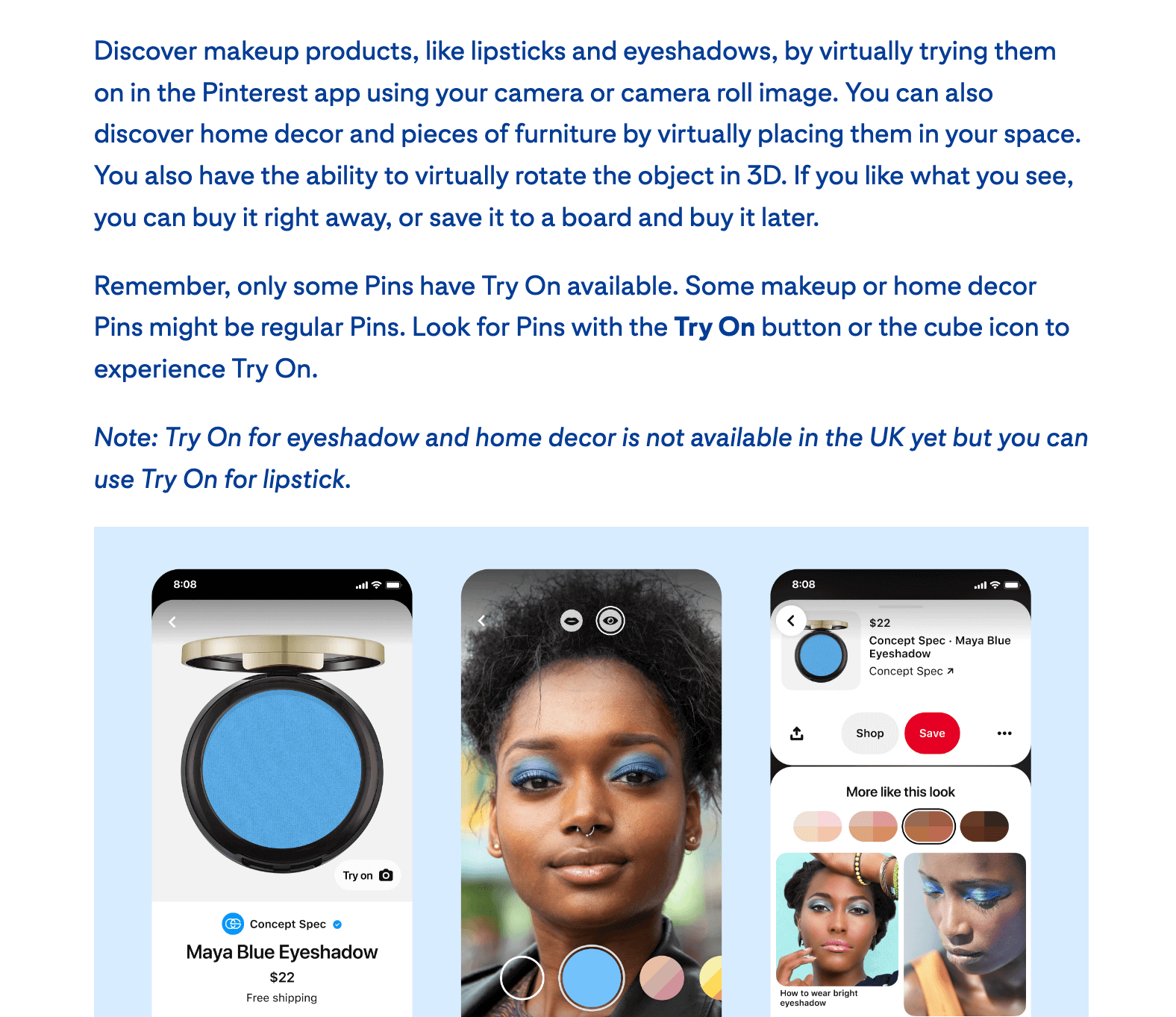pins with try on feature for testing out makeup with a selfie
