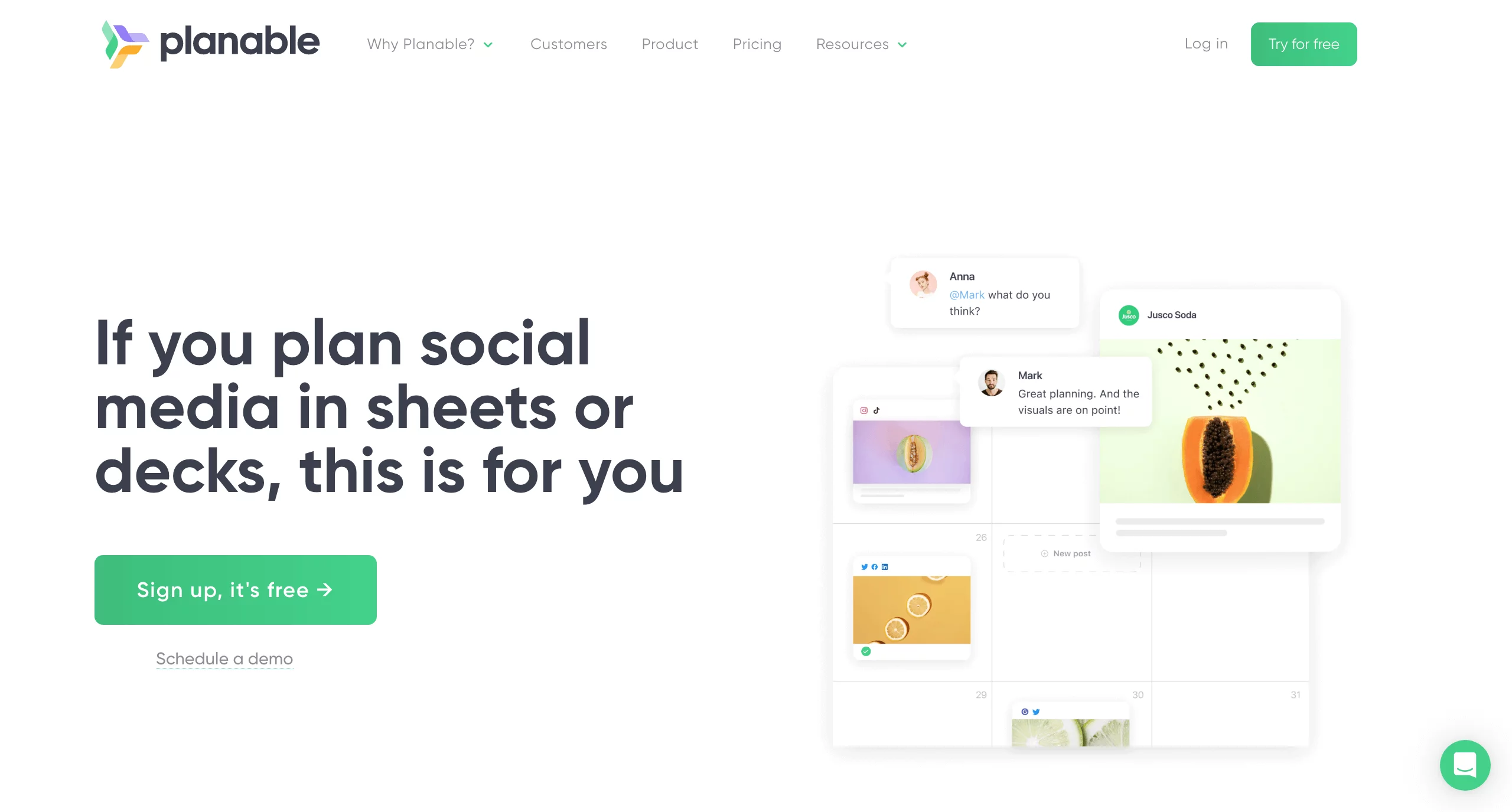 Planable homepage, a social media management tool for agencies, in-house marketing teams, and creators