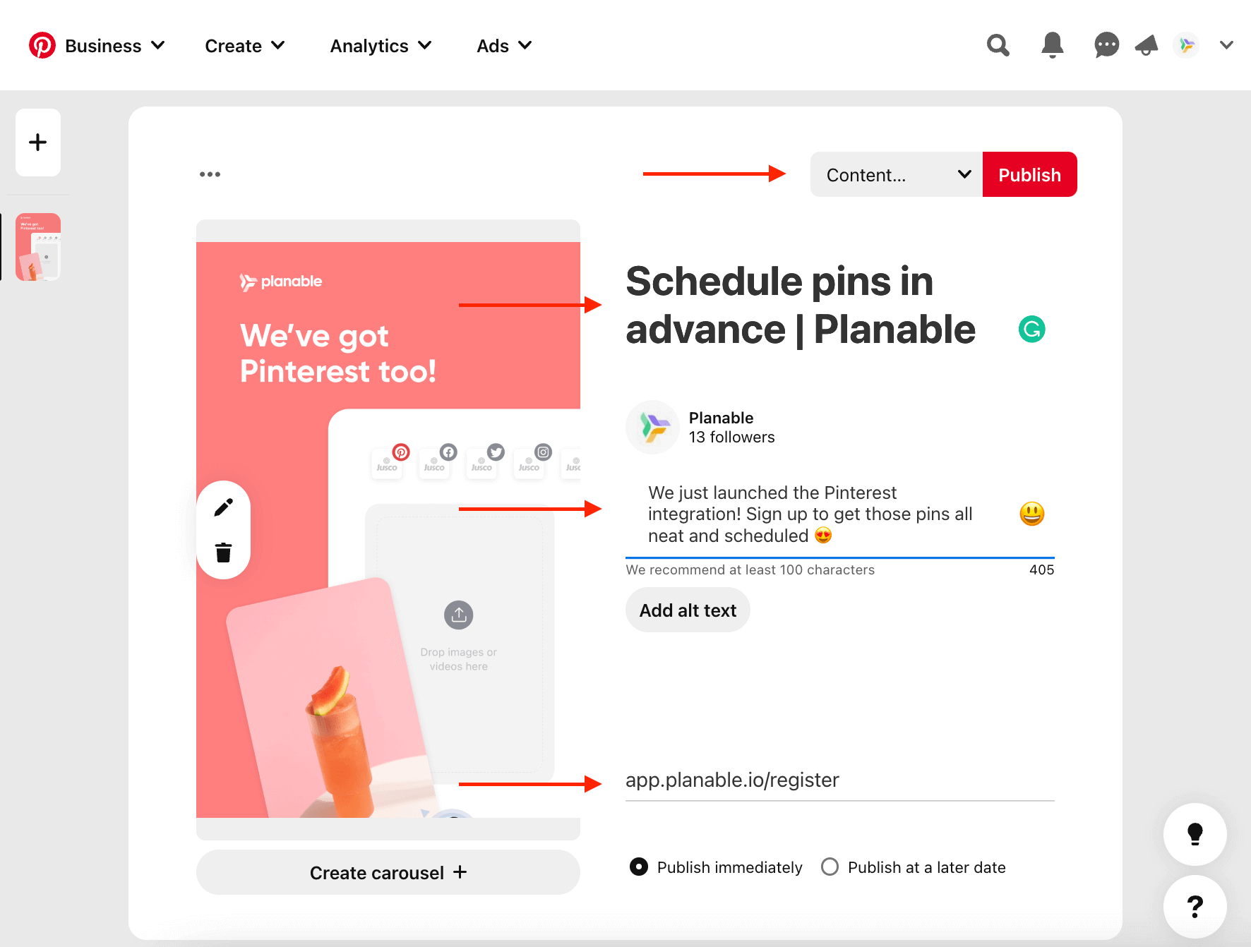 scheduling a pinterest post in the pinterest composer