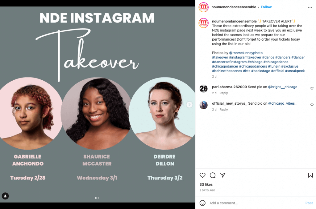 noumenondanceensemble announcing a behind the scenes takeover on instagram