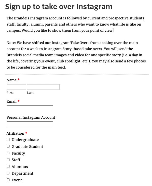 form for taking over Instagram Stories of Brandeis University  