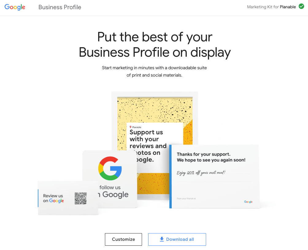 mockups of a poster, business card, and sticker created with Google’s Marketing Kit