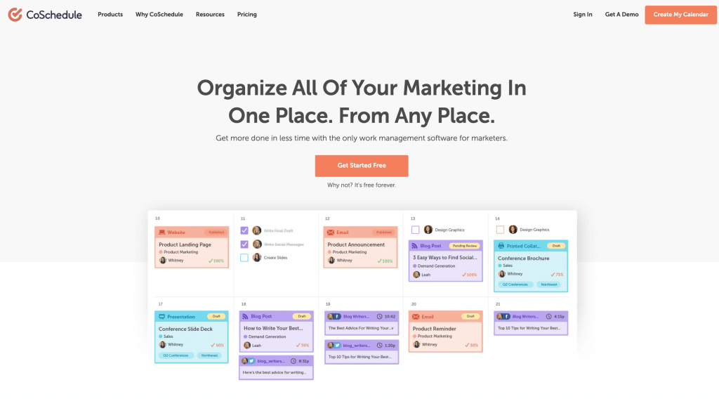 CoSchedule offers a free marketing calendar to track content efforts in one place