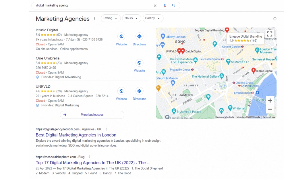 google search engine results page for “digital marketing agency” showing three local businesses and their location on a map