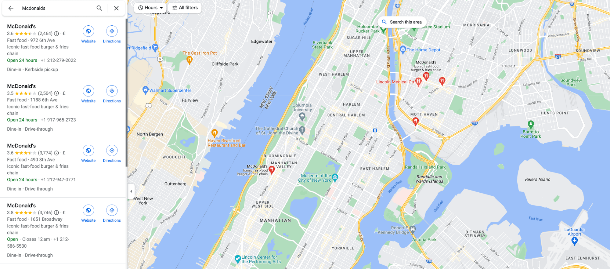a google map search for “mcdonald’s” showing local restaurants and their review rating