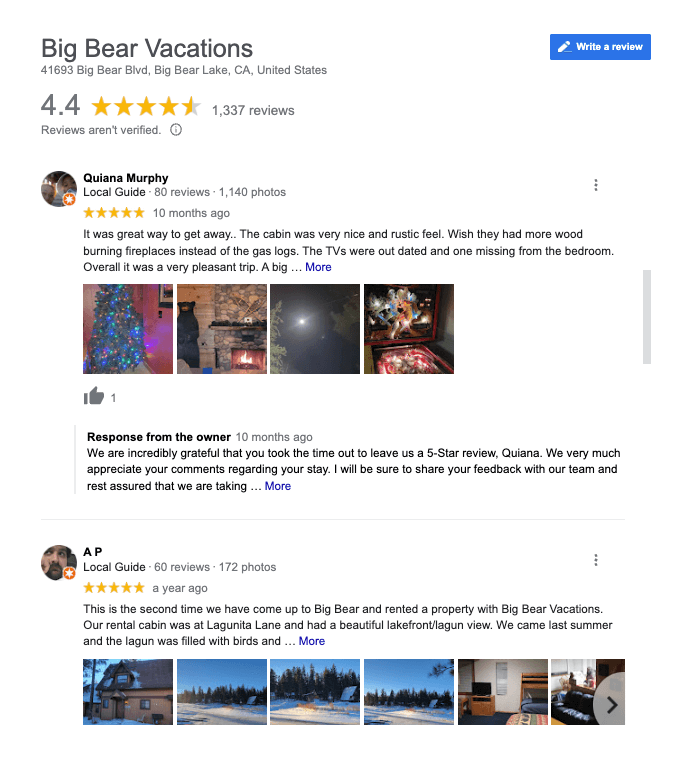 reviews of local business Big Bear Vacations on google maps 