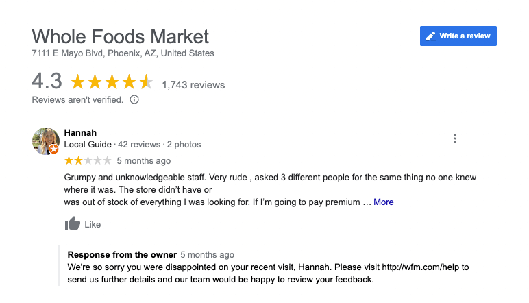 whole foods customer two-star google review complaining about rude staff