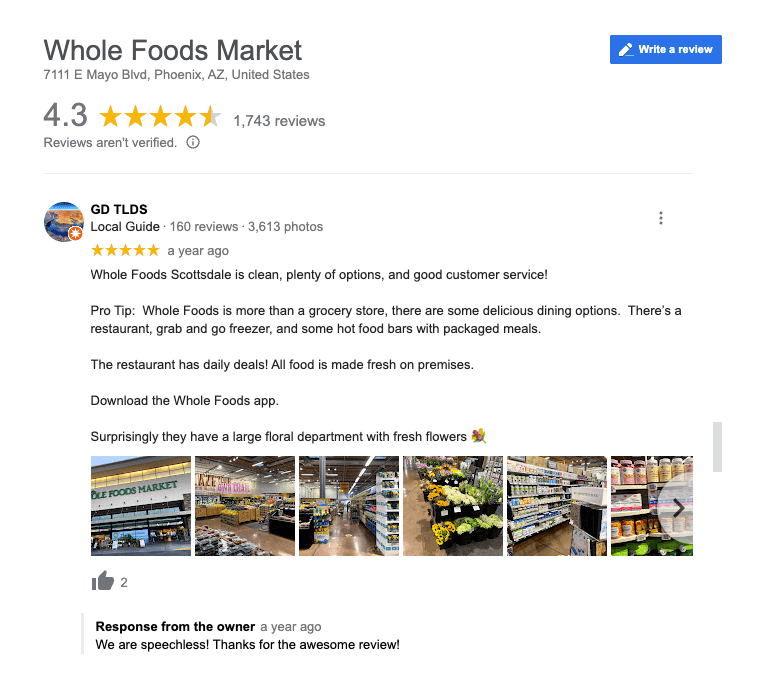 whole foods customer five-star google review praising the grocery store