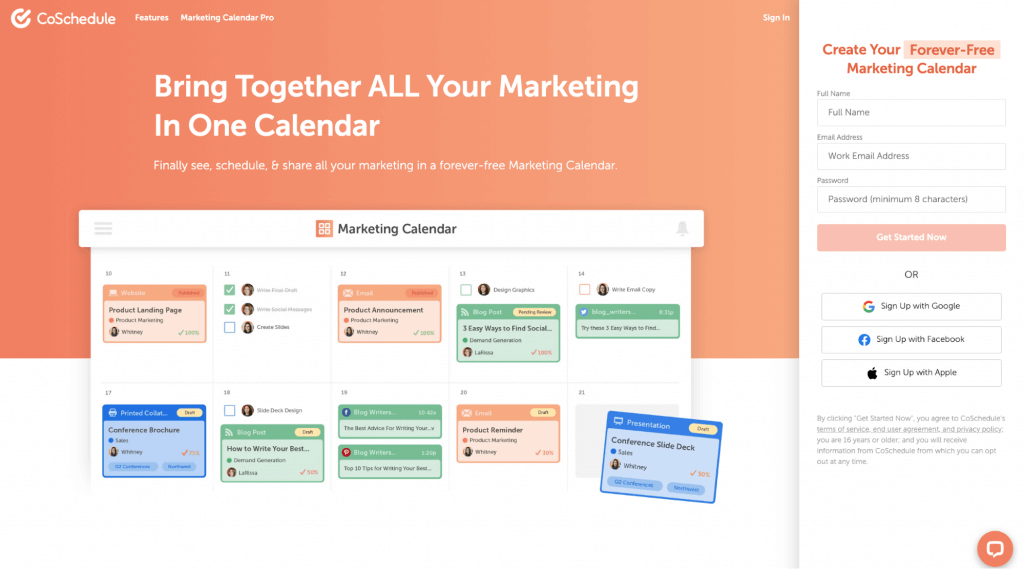 coschedule’s homepage showing a marketing calendar preview