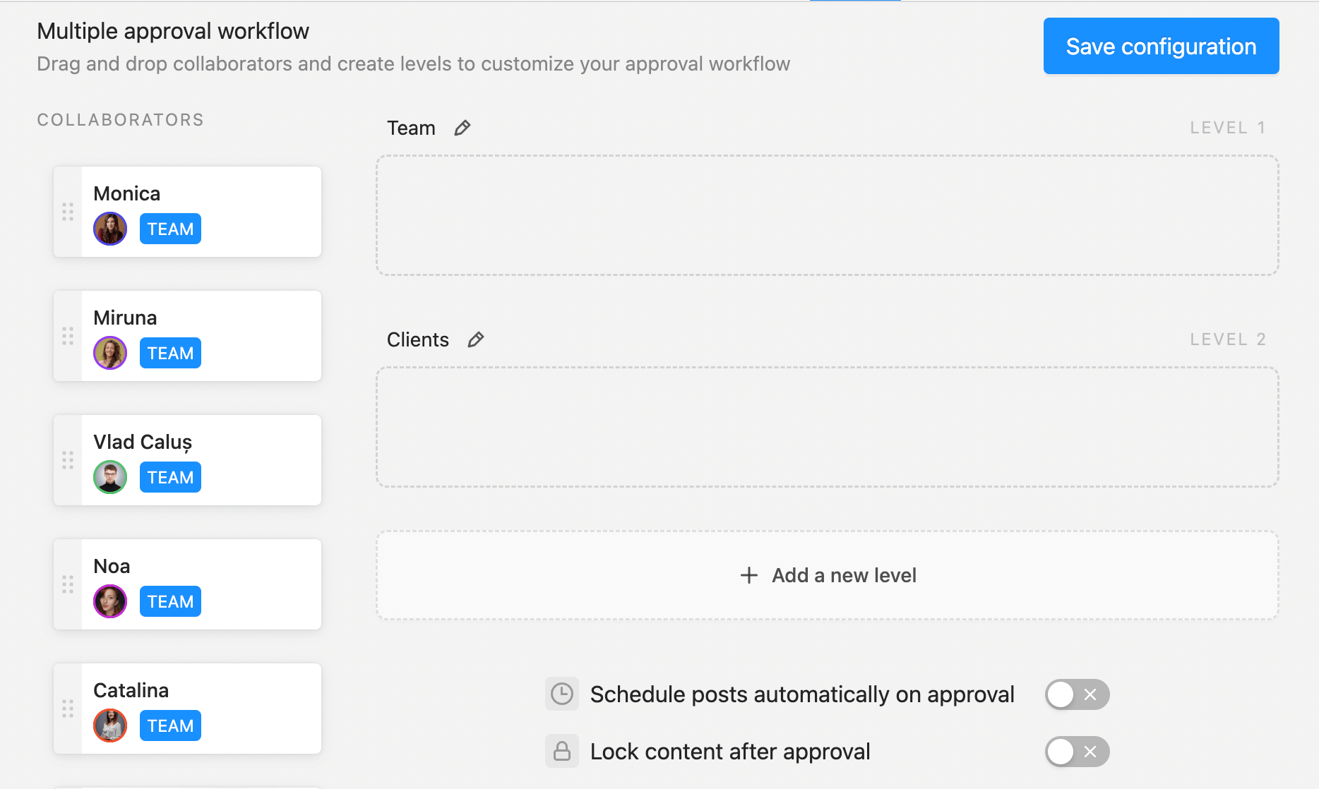 content approval workflow example for five users in planable