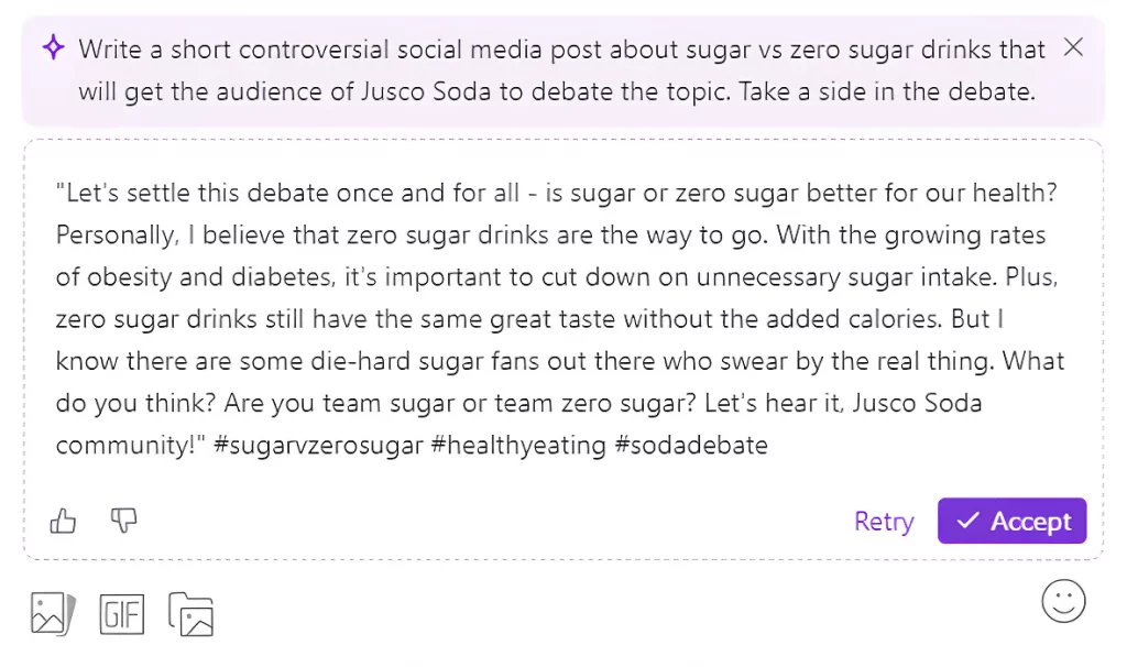 Planable AI output for a controversial prompt about sugar vs no sugar drink