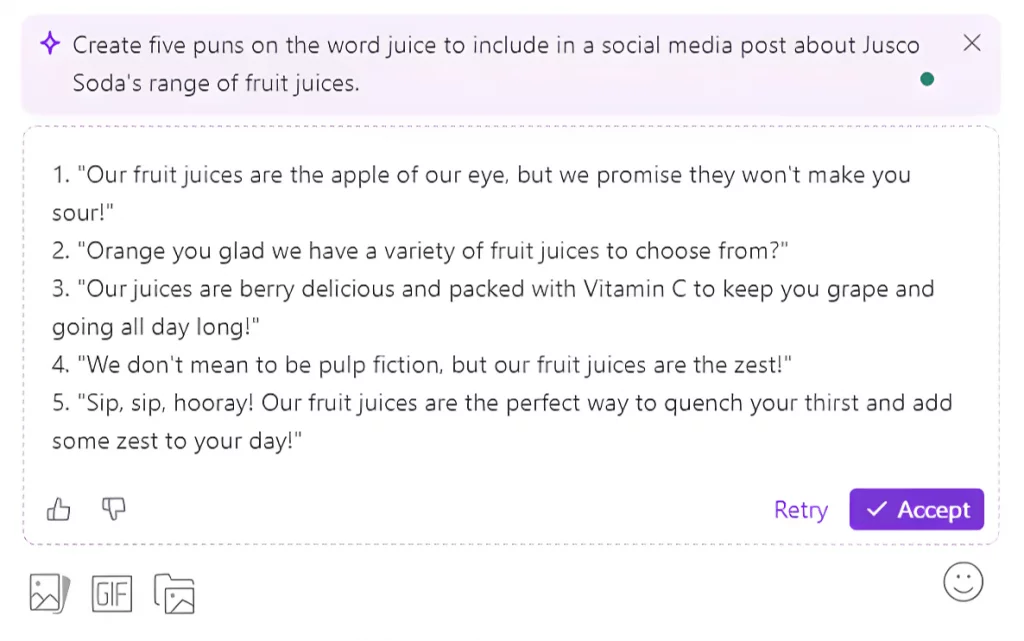 five puns about fruit juices generated by ai in planable app