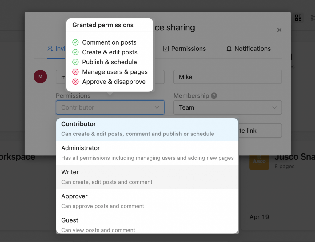 permission settings for the five roles users can have in planable app