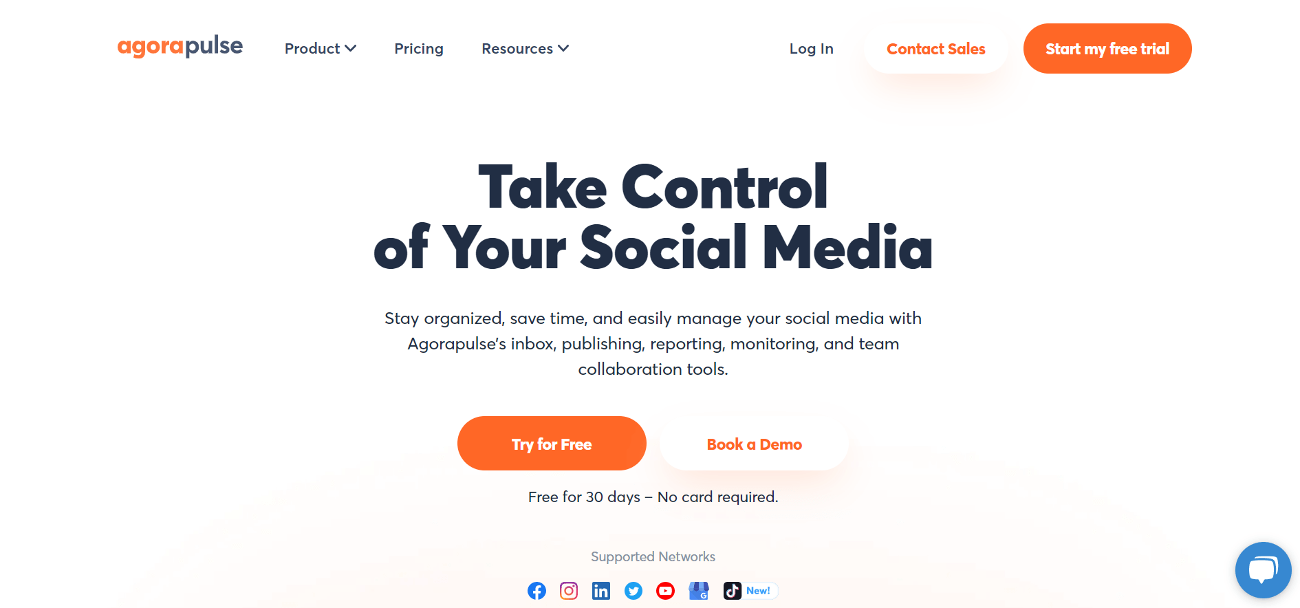 agorapulse home page with take control of your social media headline