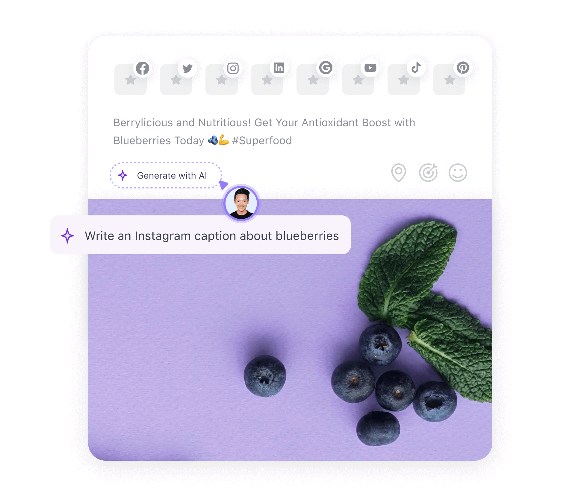 Social media post draft in Planable, with the image of blueberries on a purple background, with the option to Generate with AI