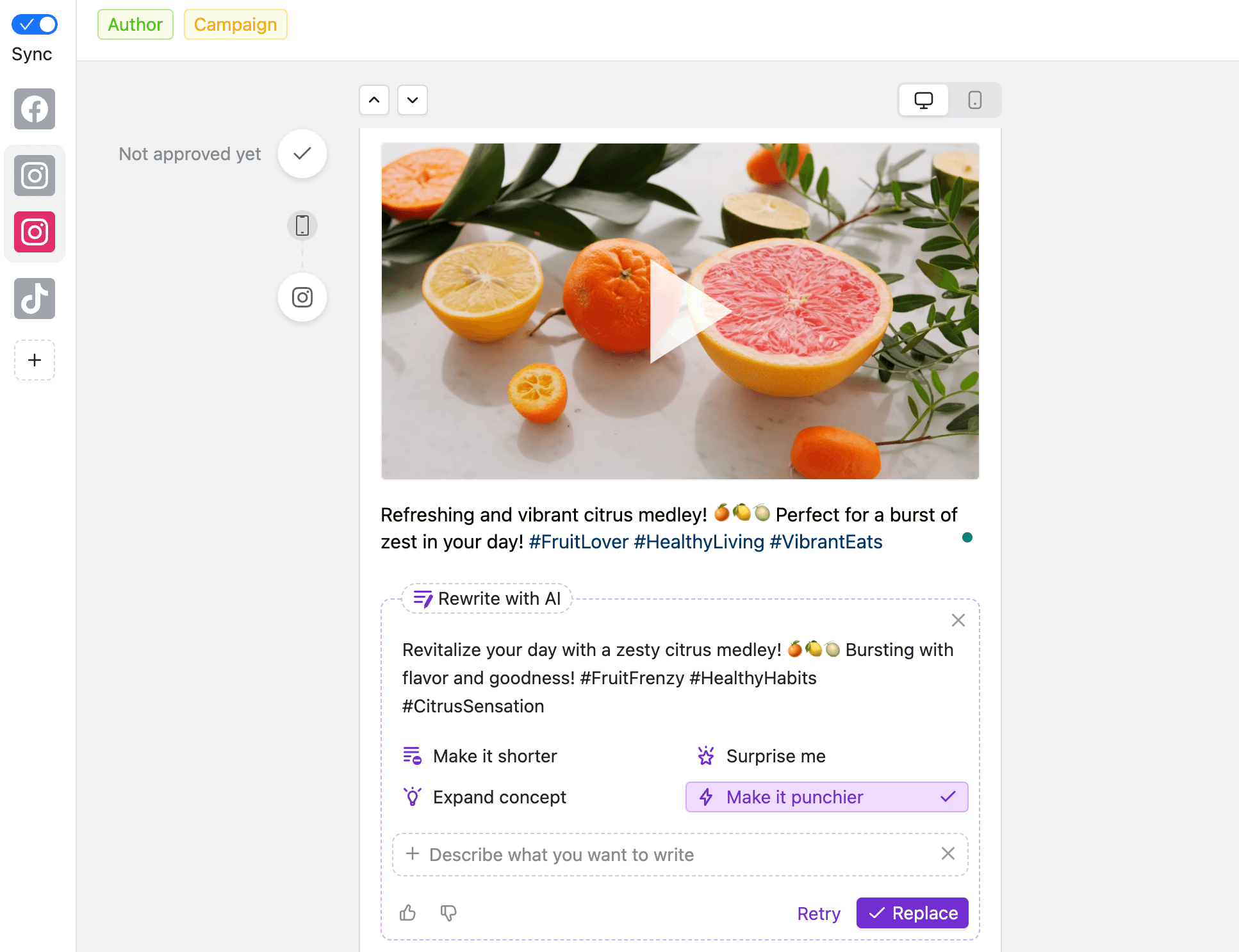 Instagram post in Planable with video, caption, and AI generated rewrite for the caption, through the Make it punchier button