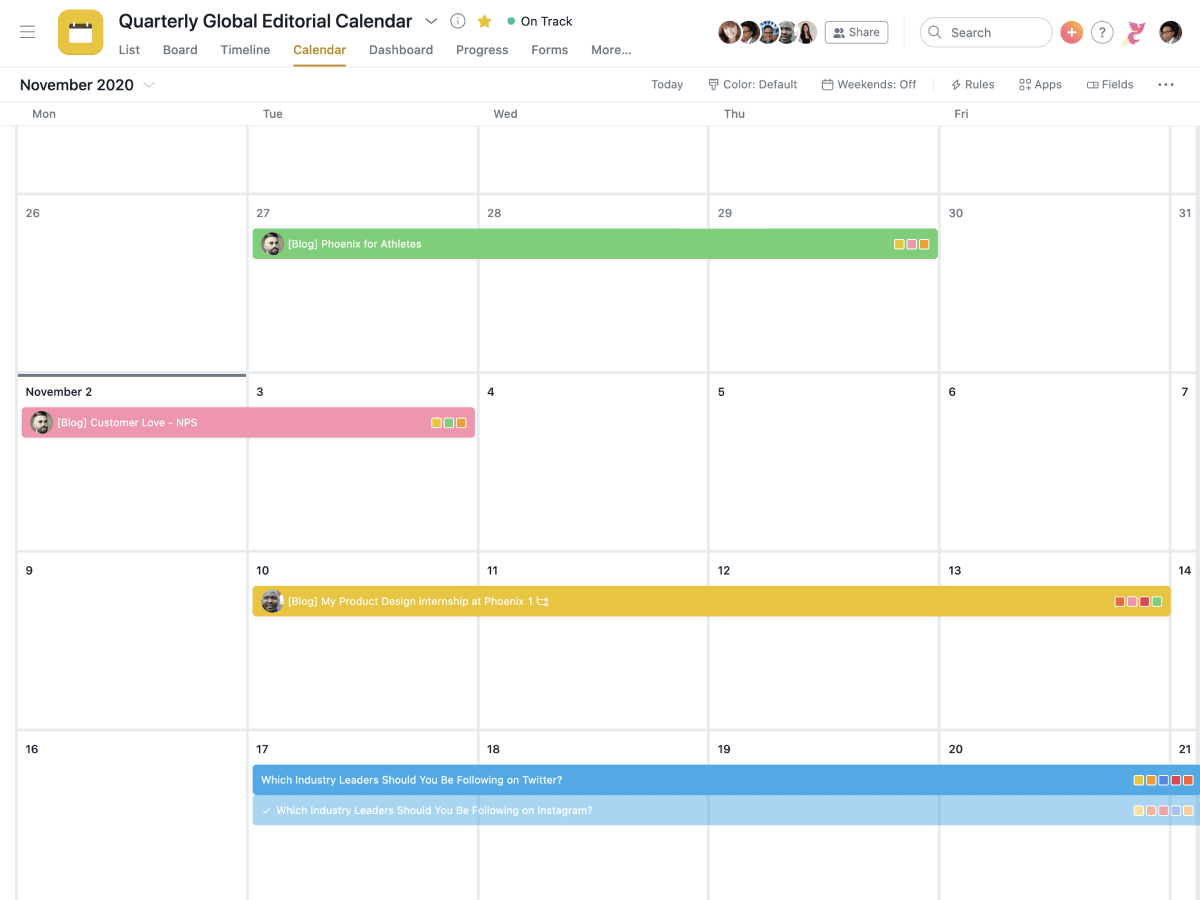 Asana content calendar and other templates for content marketing