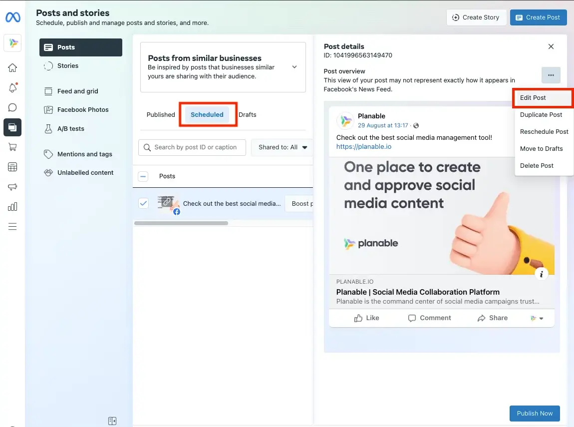 Screenshot für das Bearbeiten von geplanten Posts in der Facebook Business Suite