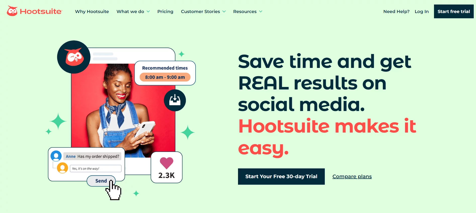 Hootsuite's green home page on their website