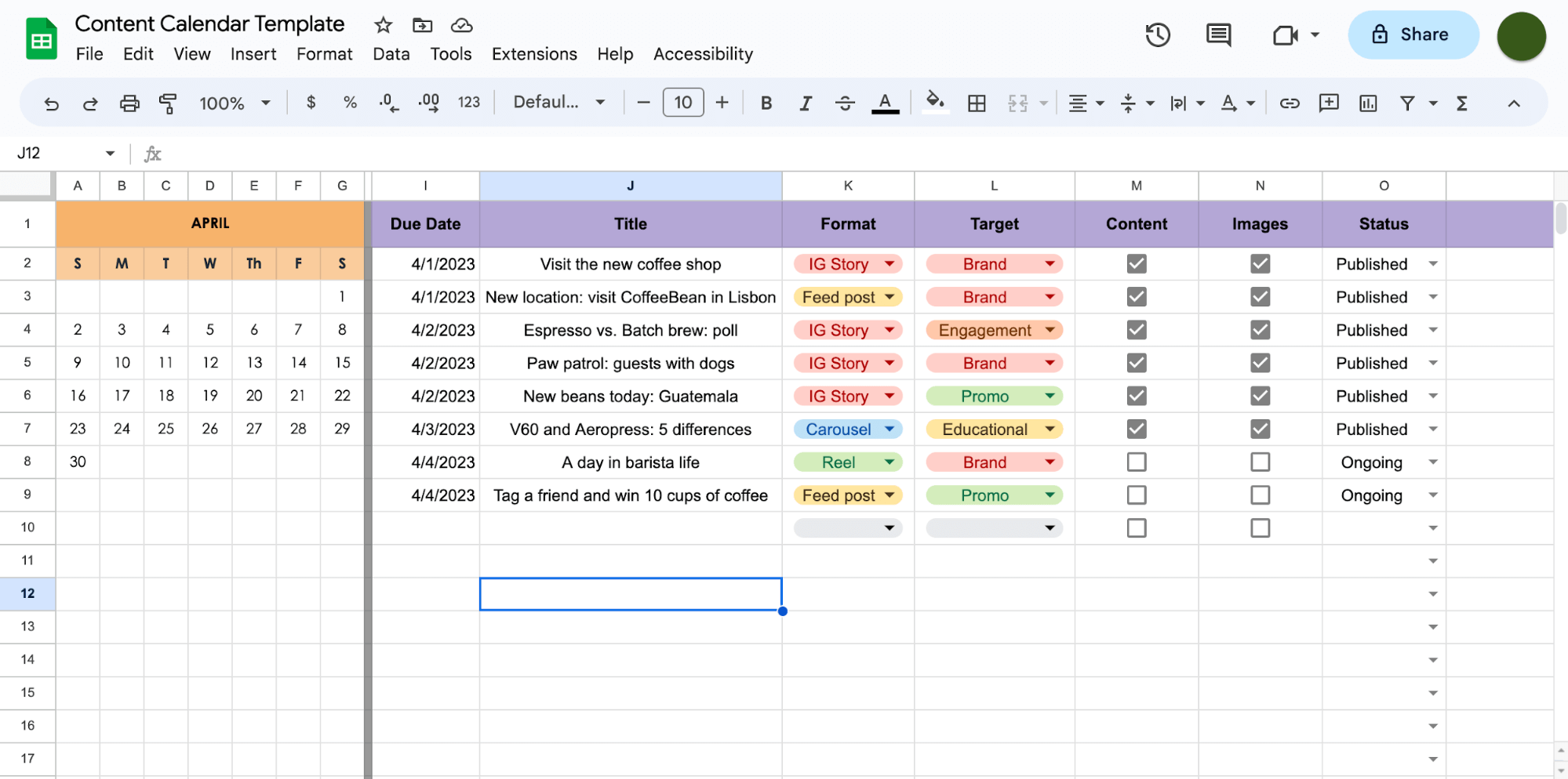 Free template for social media calendars in spreadsheets. 
