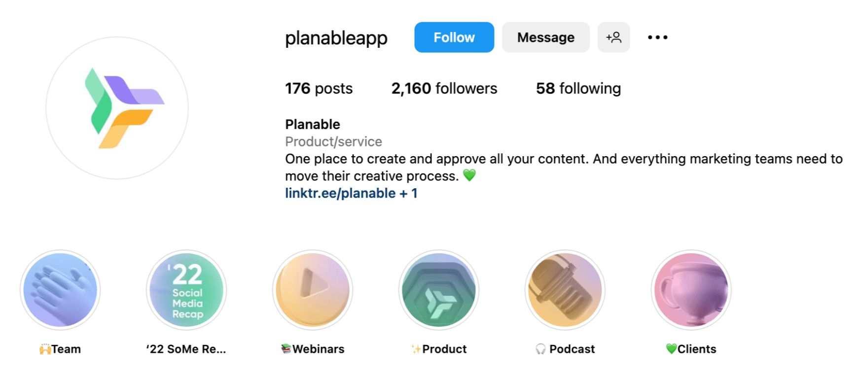 planableapp Instagram profile audit including number of posts, followers, following and product description