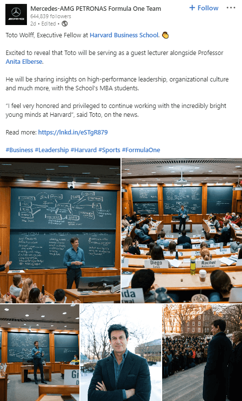 Example of people oriented LinkedIn post in Mercedes-AMG LinkedIn feed
