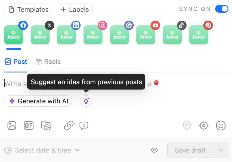 Social media post composer in Planable showing the options to "Generate with AI" and "Suggest an idea from previous posts".