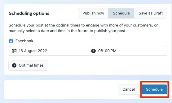 Screenshot der Zeitplanungsoptionen für Facebook-Beiträge in der Facebook Business Suite