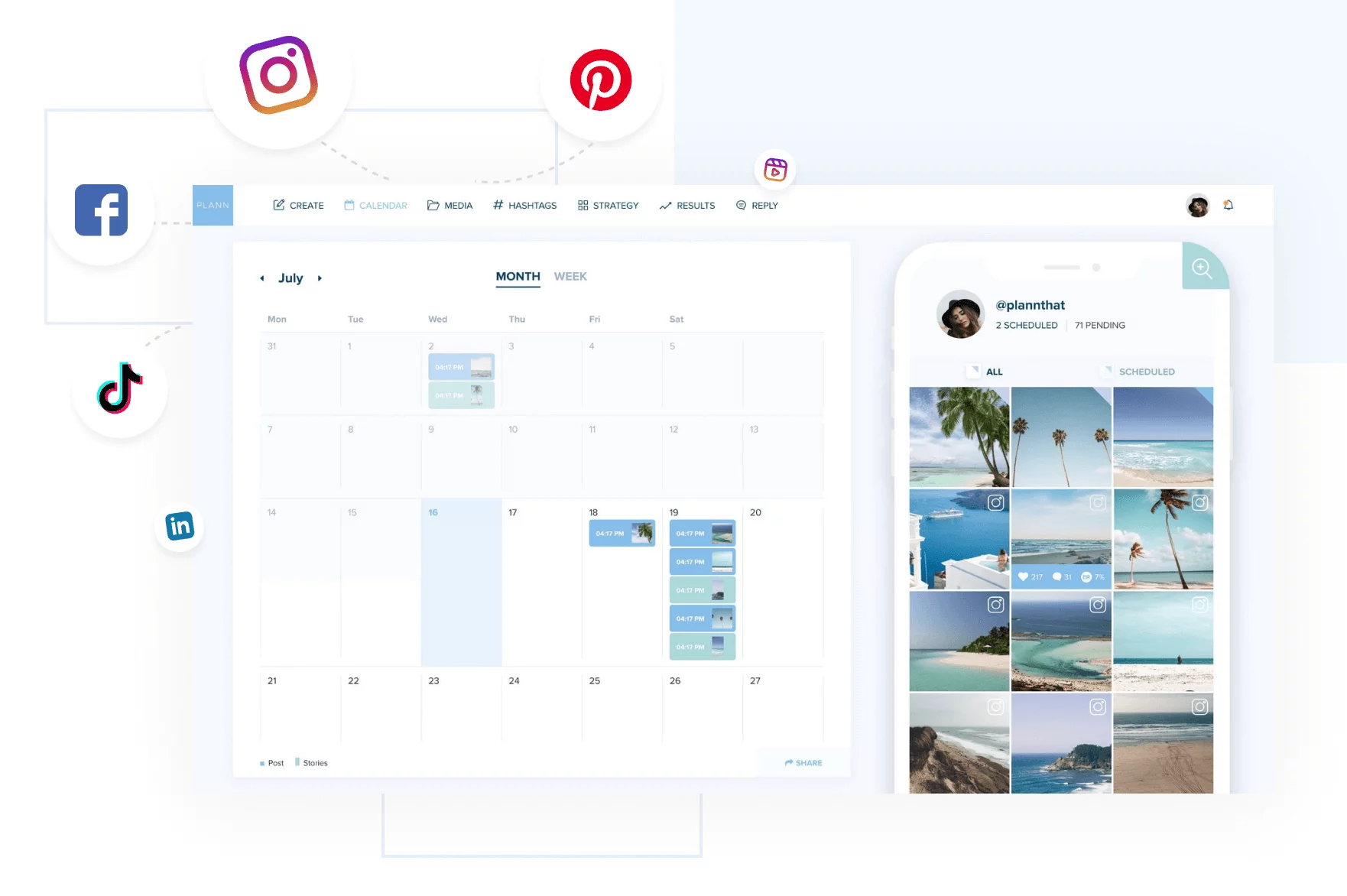 Social media calendar in Plann with direct publishing to Facebook, Instagram, Pinterest, TikTok and LinkedIn.