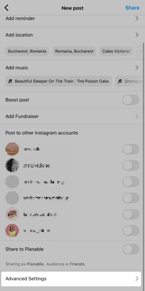 Advanced settings in Instagram app's menu