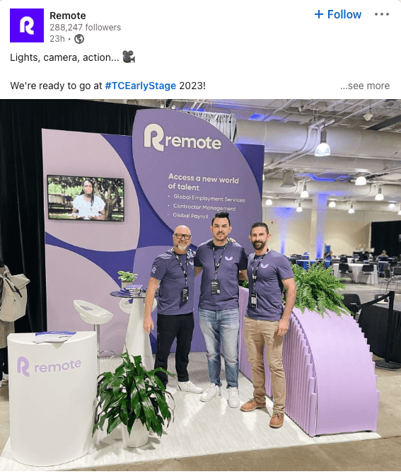Remote company employees in their purple brand event booth at TC Early Stage in 2023